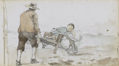 Landschap met een man die een jongen op een handkar voortduwt door Johan Hendrik Weissenbruch