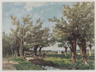 Landschap met een sloot waar twee jongens vissen door Johan Hendrik Weissenbruch