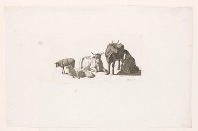 Vrouw die een koe melkt, met rundvee en schapen door Johan Jakob Biedermann