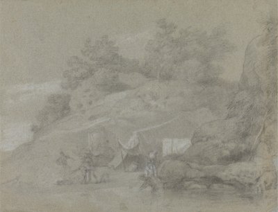 Een rivier bij een rotsachtige oever met figuren, mogelijk in India door Johan Joseph Zoffany