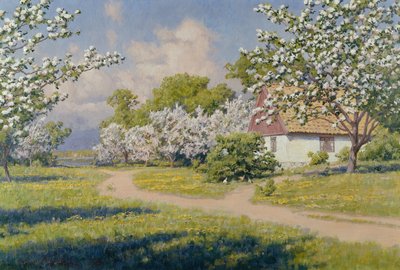 Een bebost landschap met een huisje in de lente door Johan Krouthén