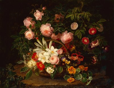 Een mand met rozen, lelies en viooltjes bij een rozenstruik door Johan Laurents Jensen
