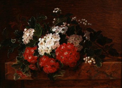 Aubepines op een marmeren richel. Schilderij van Johan Laurentz Jensen (1800-1856) Privécollectie. door Johan Laurents Jensen