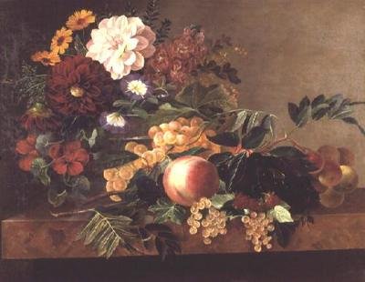 Bloemen en fruit op een marmeren tafel door Johan Laurents Jensen