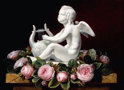 Guirlande van roze rozen rond Cupido die een lier speelt op een marmeren richel, 1841 door Johan Laurents Jensen