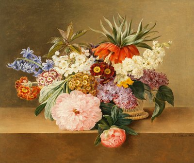Iris, Sering, Primulae, Bloesem en Pioenen in een Mand door Johan Laurents Jensen