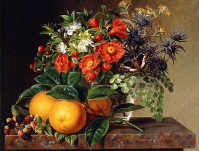 Sinaasappels, bramen en een vaas met bloemen op een richel, 1834 door Johan Laurents Jensen