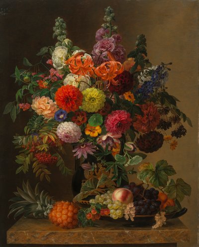 Stilleven met bloemen en fruit, 1836 door Johan Laurentz Jensen