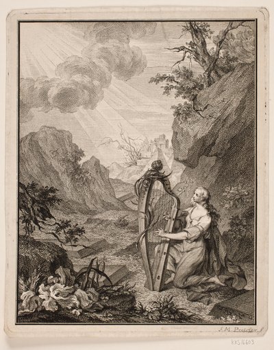 Harpspelende vrouw in berglandschap door Johan Martin Preisler