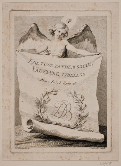 Titelgravure met een engel die een groot papier vasthoudt door Johan Martin Preisler
