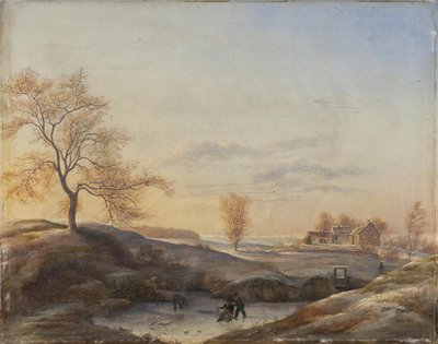 Winterlandschap van Frederiksdal met schaatsers door Johan Stroe
