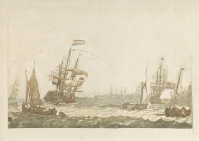 Gezicht op het IJ met het Oost-Indisch Zeemagazijn en de Oosterkerk door Johan Teyler (possibly)