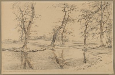 Een beek nabij een boerderij in Usserød met koeien en twee figuren door Johan Thomas Lundbye