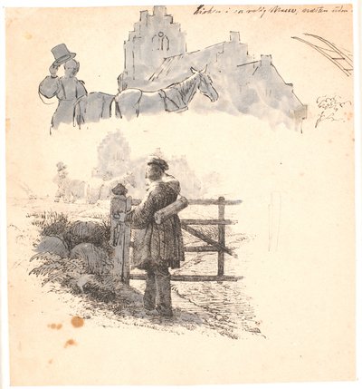 Avondtijd. Studie van de boer bij de kerk. Illustratie voor Kaalunds "Fabler for Børn". door Johan Thomas Lundbye