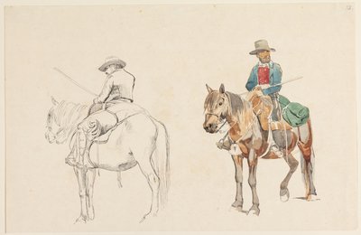 Campagnol te paard, schuin van achteren gezien. Campagnol te paard schuin van voren gezien door Johan Thomas Lundbye