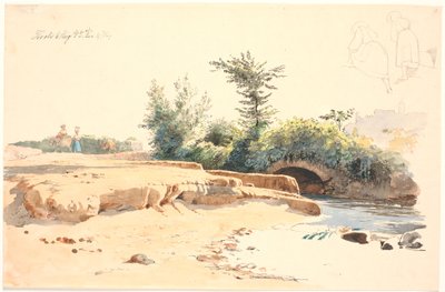 Gedeeltelijk opgedroogde rivierbedding met brug, bovenaan twee penstudies van een meisje van achteren gezien door Johan Thomas Lundbye