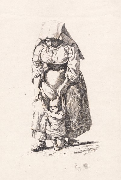 Een boerin uit Civitella die haar kleine kind aan een leiband leidt door Johan Thomas Lundbye