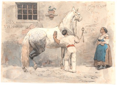 Een grijs gevlekte paard wordt geborsteld in Via Margutta door Johan Thomas Lundbye