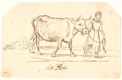 Een Meisje dat een Koe Trekt in een Landschap met een Kerk. "Kleine Ada" door Johan Thomas Lundbye