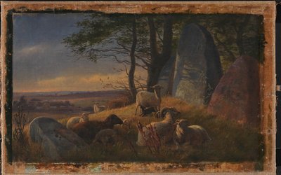 Avondscène met schapen op een heuvel door Johan Thomas Lundbye