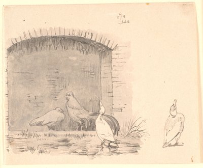 De kippen en de eenden. Rechts studie van een eend die van de regen geniet door Johan Thomas Lundbye