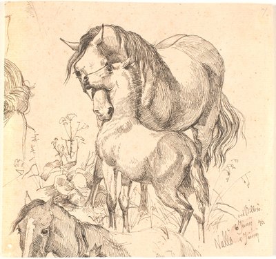 De merrie en het veulen, paardstudie (rug en hoofd) en oren van een veulen door Johan Thomas Lundbye