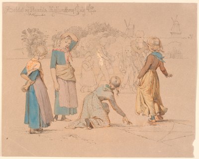 Op de voorgrond enkele meisjes die hinkelen. Op de achtergrond enkele jongens die soldaatje spelen en een invalide die toekijkt door Johan Thomas Lundbye
