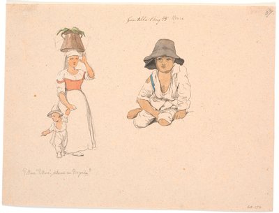 Italiaanse vrouw met een emmer op haar hoofd en een bedelende jongen aan de hand. Rechts studie van een zittende Italiaanse jongen door Johan Thomas Lundbye