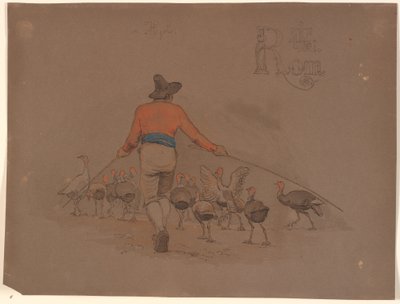 Italiaan die een kudde kalkoenen voortdrijft met behulp van bamboestokken door Johan Thomas Lundbye