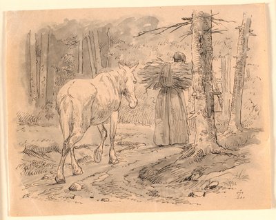 De Vrouw en het Paard. Illustratie voor Kaalunds "Fabels voor Kinderen". Zie Opmerking uit het Archiefcatalogus. door Johan Thomas Lundbye