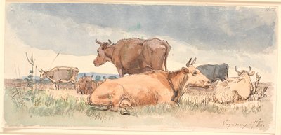 Landschap met Drie Liggende en Drie Staande Koeien door Johan Thomas Lundbye