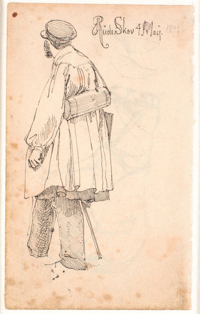 P.C. Skovgaard met botaniseerkist, staand en van achteren gezien door Johan Thomas Lundbye