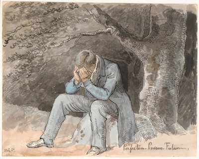 "Perfectum - Præsens - Futurum". Jonge man zittend onder een boom op een steen met handen voor het gezicht door Johan Thomas Lundbye