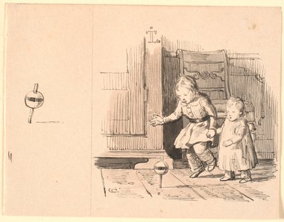 De rommelpot. Links een kleine studie van de rommelpot door Johan Thomas Lundbye