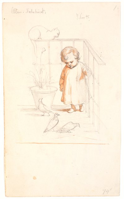 Scène op een balkon. Kleine jongen die naar enkele duiven kijkt. Op de reling op de achtergrond een opgerolde kat door Johan Thomas Lundbye