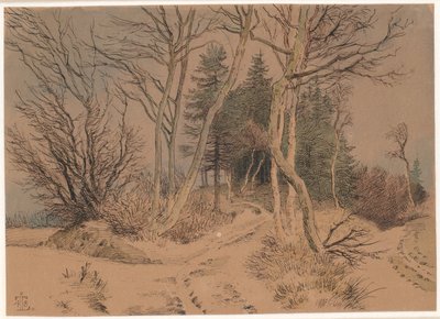 Met sneeuw bedekte wegen tussen sparren en kale bomen door Johan Thomas Lundbye