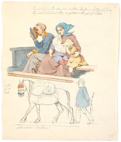 Soldaat en vrouw met twee kinderen, zittend op een bank. Rechts een paard met bepakking gevolgd door een man door Johan Thomas Lundbye