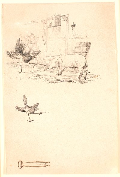 De ooievaar en het varken. Onder een studie van de ekster en een stuk gereedschap. Illustratie voor Kaalunds "Fabels voor kinderen". Zie opmerking uit het archiefcatalogus. door Johan Thomas Lundbye