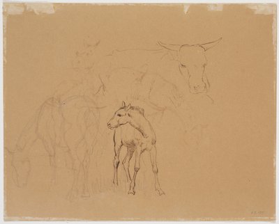 Studie eines grasenden Pferdes, eines Fohlens und einer liegenden Kuh door Johan Thomas Lundbye
