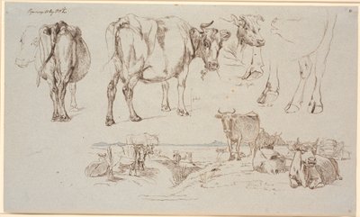 Studieblad van Vognserup. Bovenaan studies van koeien, onderaan landschap met staande en liggende koeien door Johan Thomas Lundbye