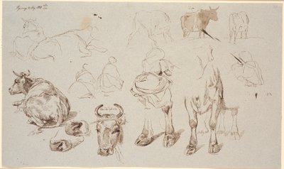 Studieblad van Vognserup. Bovenaan studies van koeien, in het midden 4 studies van melkmeisjes van achteren gezien door Johan Thomas Lundbye
