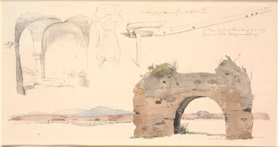 Studieblad van de Romeinse Campagne, Italië. Onderaan aquarelstudie van een Romeinse aquaductboog met uitzicht op lage bergen. F.o. studie van open ruimte met platte gewelven, in het midden een Italiaanse vrouw die een grote bundel op haar hoofd draagt, t. door Johan Thomas Lundbye
