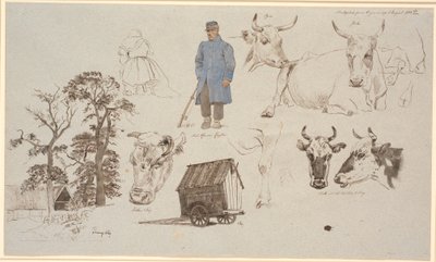 Studieblad van de melkplaats bij Vognserup. Studies van koeien. Links boerderij achter drie hoge bomen, in het midden vooraan zittende melkmeisje met rug naar ons toe en een staande herder. Rechts een herderswagen door Johan Thomas Lundbye