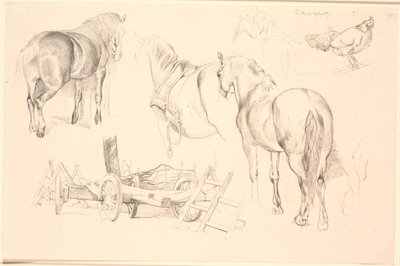 Studieblad met paarden, landbouwgereedschap en een kip op haar nest door Johan Thomas Lundbye