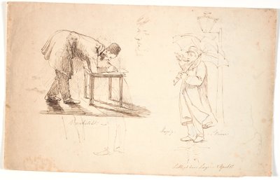 Studieblad, links de kunstenaar zelf, voorovergebogen, tekenend op een krukje of een kleine tafel. Bovenaan twee studies van een officier en een heer in een jurk. In het midden studiehoofd, zelfportret. Rechts staat de kunstenaar met paraplu op straat bij  door Johan Thomas Lundbye