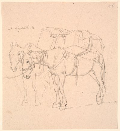 Twee paarden met bepakking door Johan Thomas Lundbye