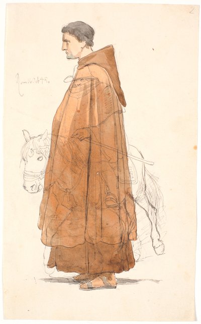Jonge franciscanermonnik, staand in profiel, met een tekening van een rijdende campagnol erbovenop door Johan Thomas Lundbye