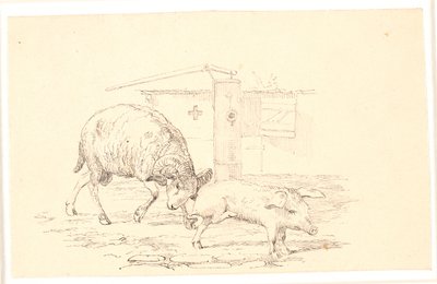 De ram en het varken. Illustratie voor Kaalunds "Fabels voor kinderen". Zie opmerking uit het archiefcatalogus. door Johan Thomas Lundbye