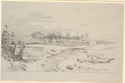 Winterlandschap met een weg die zich door de velden slingert door een poort in een stenen muur door Johan Thomas Lundbye