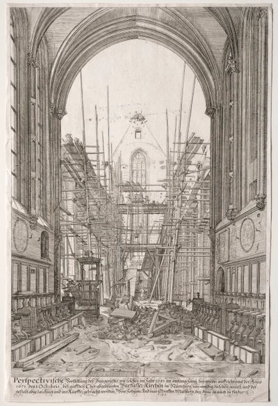 LArt Ancien Zurich: Uitzicht in de kerk van de Franciscanen, Barfüsser-Kirke, 1681 door Johan Ulrich Krauss